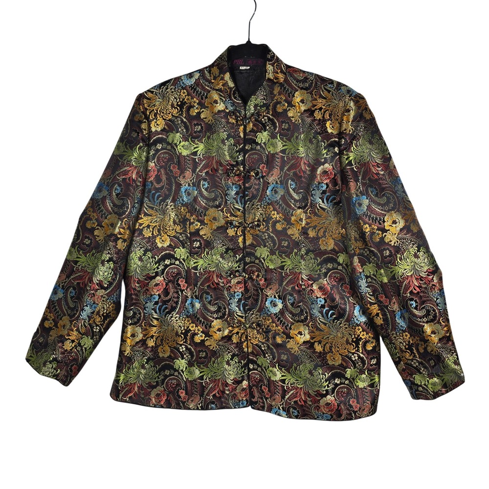 VTG PBL Women‎ XL Floral Paisley Brocade Tang Asian Jacket Mandarin Frog Button